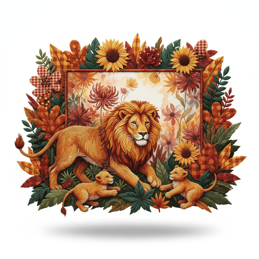 AI generated: A vibrant, three-dimensional embroidered scene depicting a majestic lion and playful cubs frolicking...