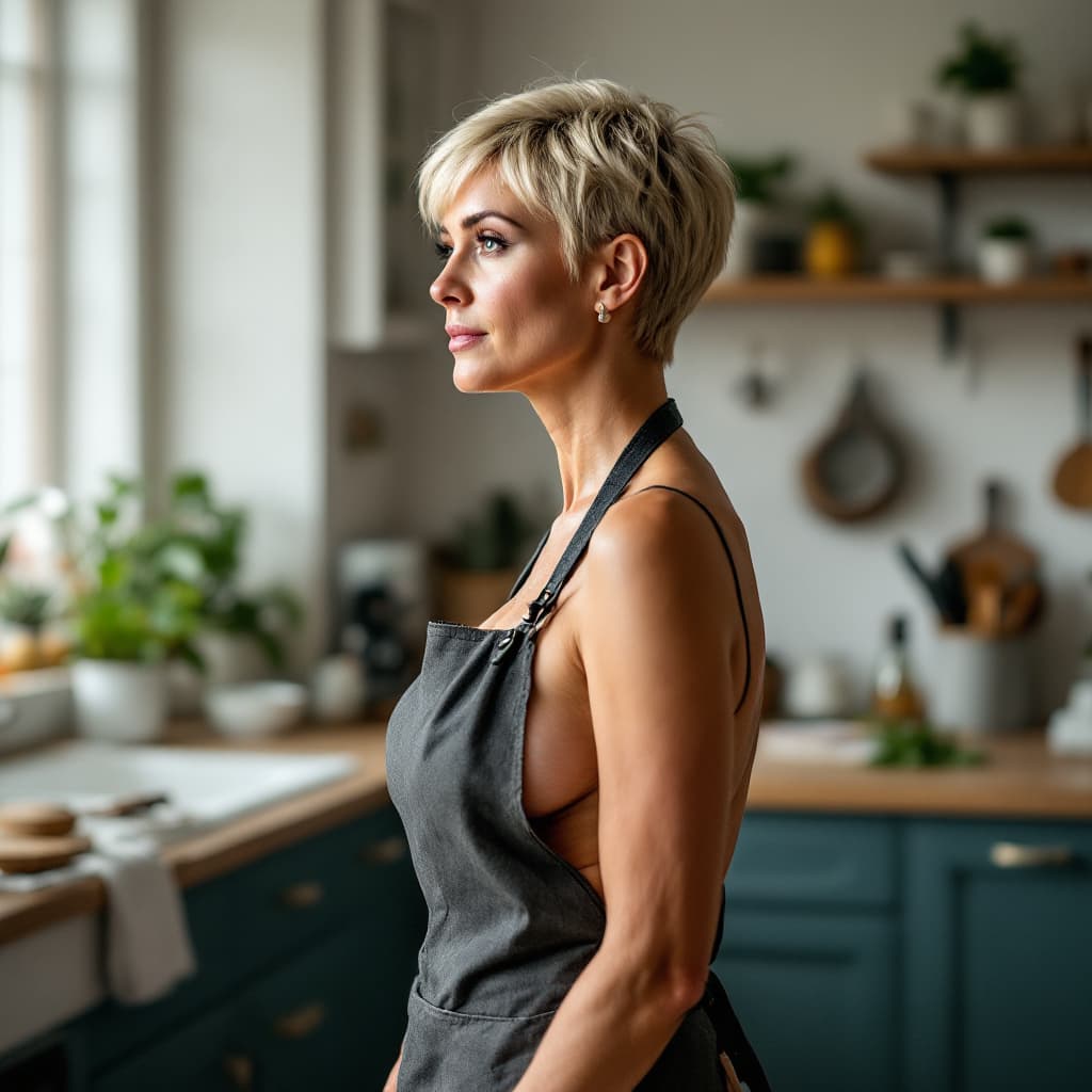 AI generated:  60 years old mature woman, blonde pixie hair, wearing only apron  in the kitchen, side view, full b...