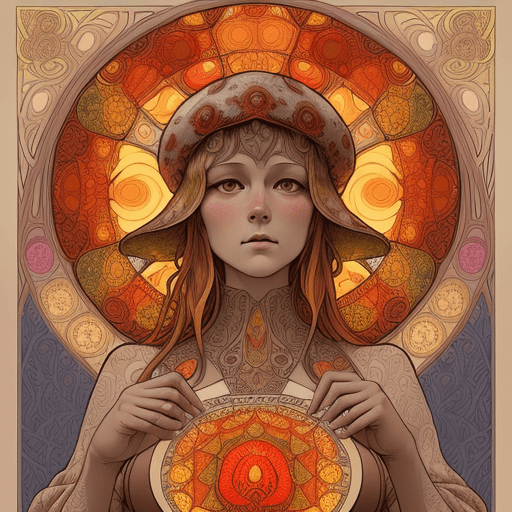 AI generated: the amanita muscaria mushroom inspired by Alphonse Mucha,  warm sunset colours, high resolution, int...