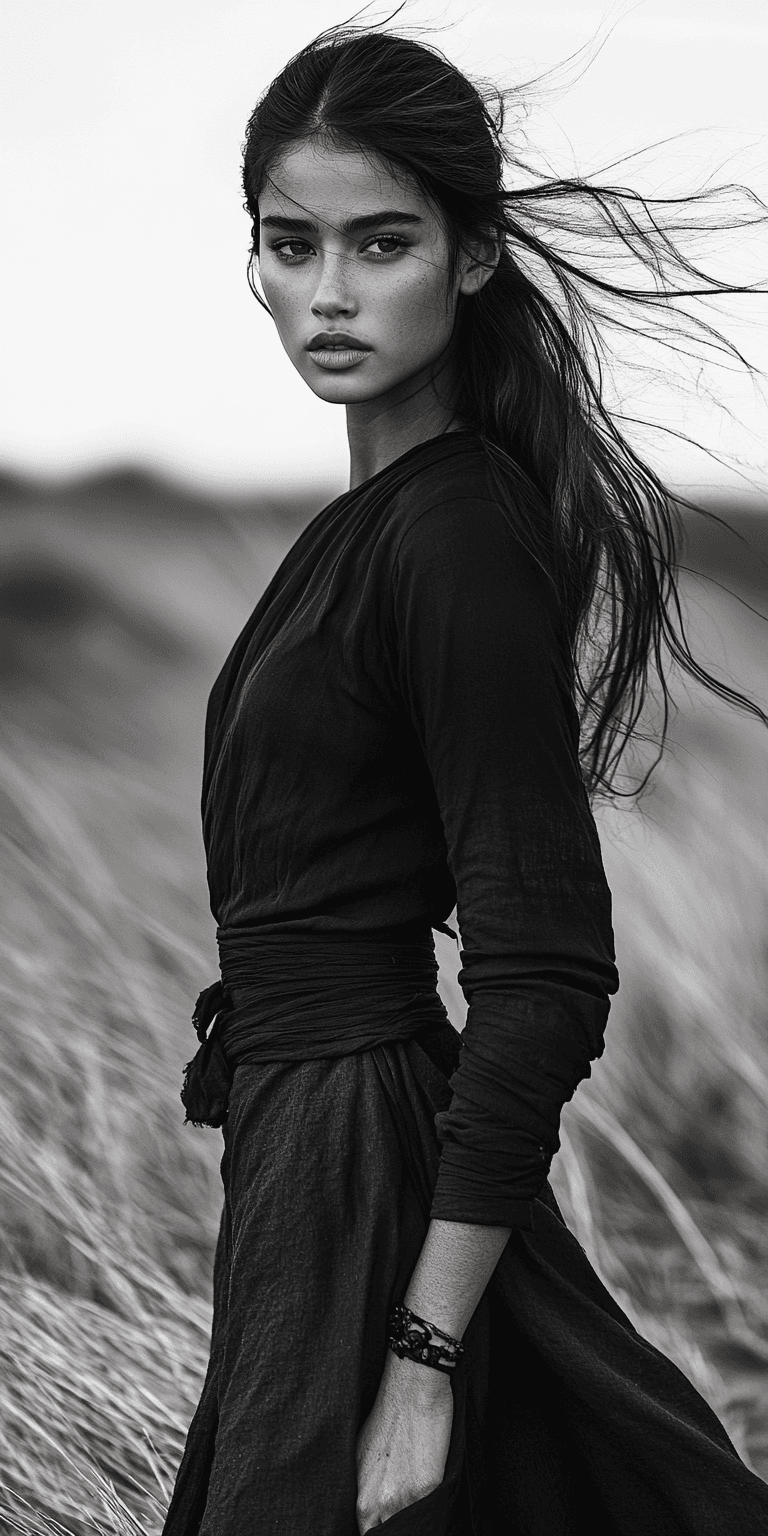 AI generated: a young woman standing in the grass, in the style of stark black-and-white photography, hasselblad 1...