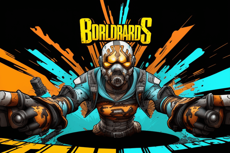 AI generated: borderlands style, boss introduction, video game ,background fluid lines, bold curves, speed effect,...