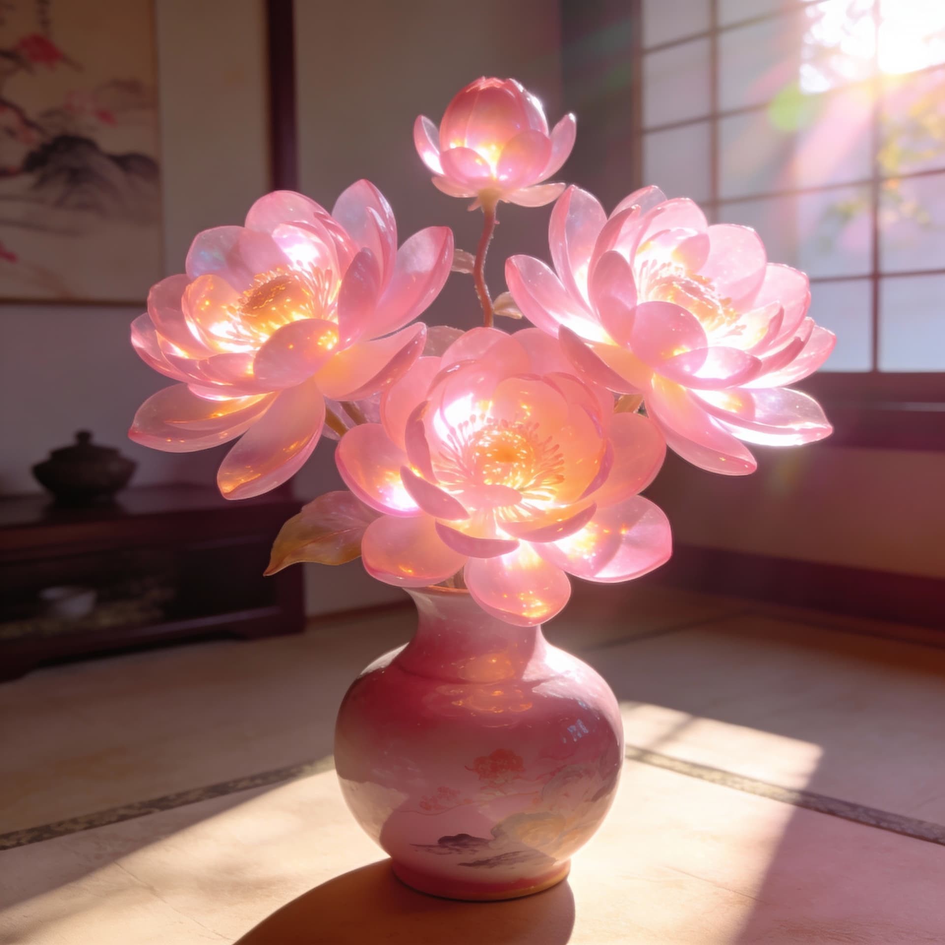 AI generated: there is a vase with flowers on it in a room, surreal waiizi flowers, intense sunlight, very beautif...