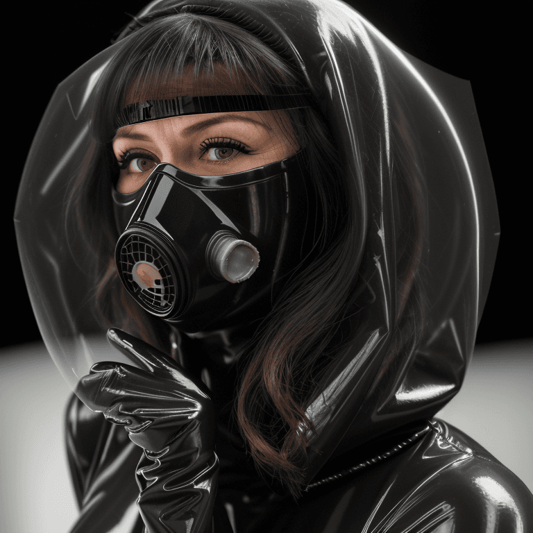 AI generated: hyper realistic headshot photo of a 40 year old woman, wearing a latex gas mask, a black latex prote...