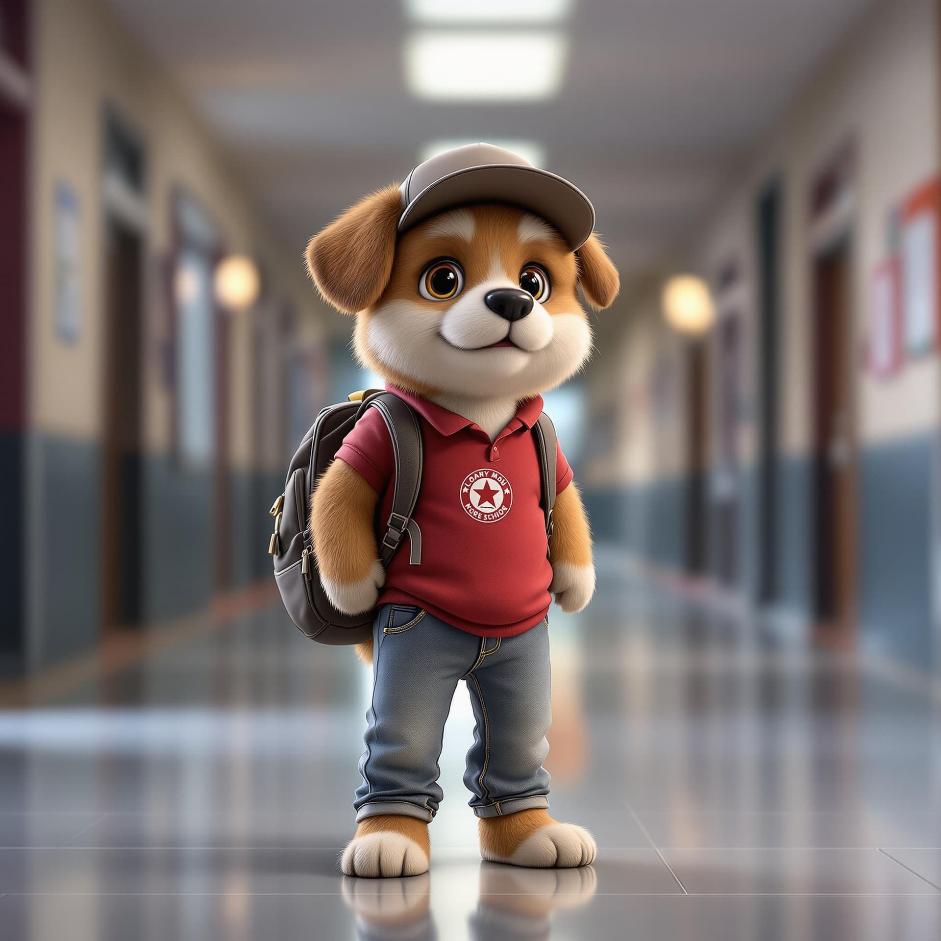 AI generated: A cute dog standing like a person, dressed in a red shirt, jeans, a backpack and hat, ready to go to...
