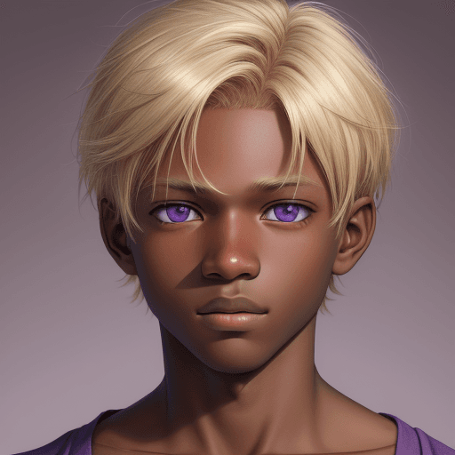 AI generated: High resolution photography, boy with darkish skin, blonde hair with brown highlights, purple colore...