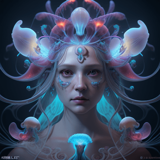AI generated: Goddess close-up portrait ribcagel. jellyfish phoenix head, nautilus, orchid, skull, betta fish, bio...