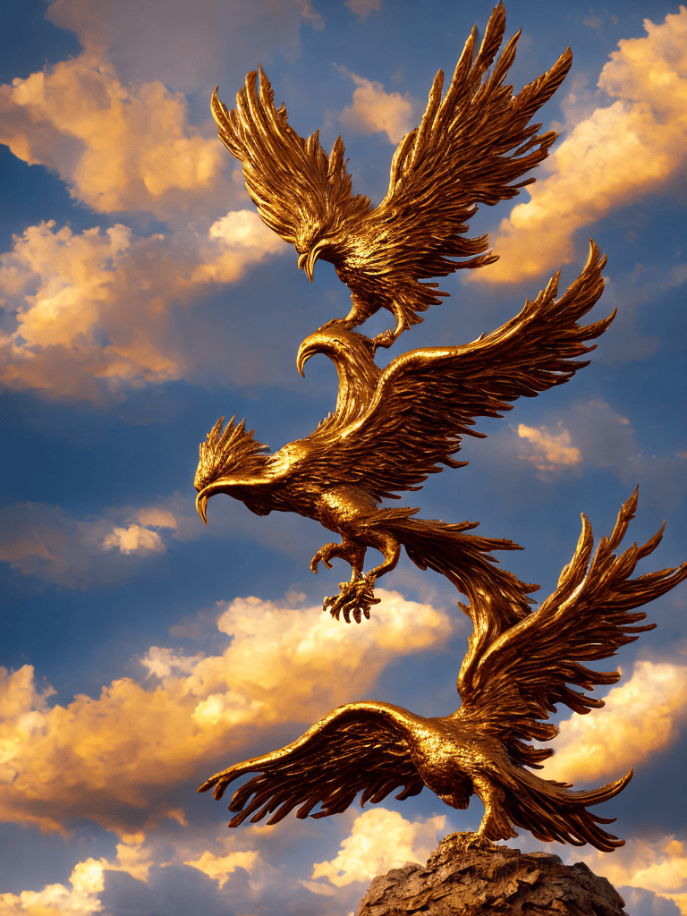 AI generated: A majestic phoenix with vibrant plumage, its fiery wings spread wide, golden feathers illuminating a...