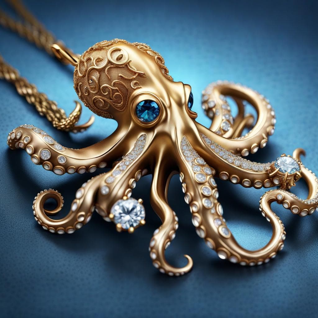 AI generated: Describe the breathtaking elegance of the luxurious octopus pendant adorned with diamonds and gold, ...