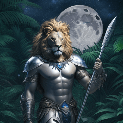 AI generated: Lion, warrior holding a silver and sapphire spear in a jungle, moon lying, starry sky, 4k, realistic...