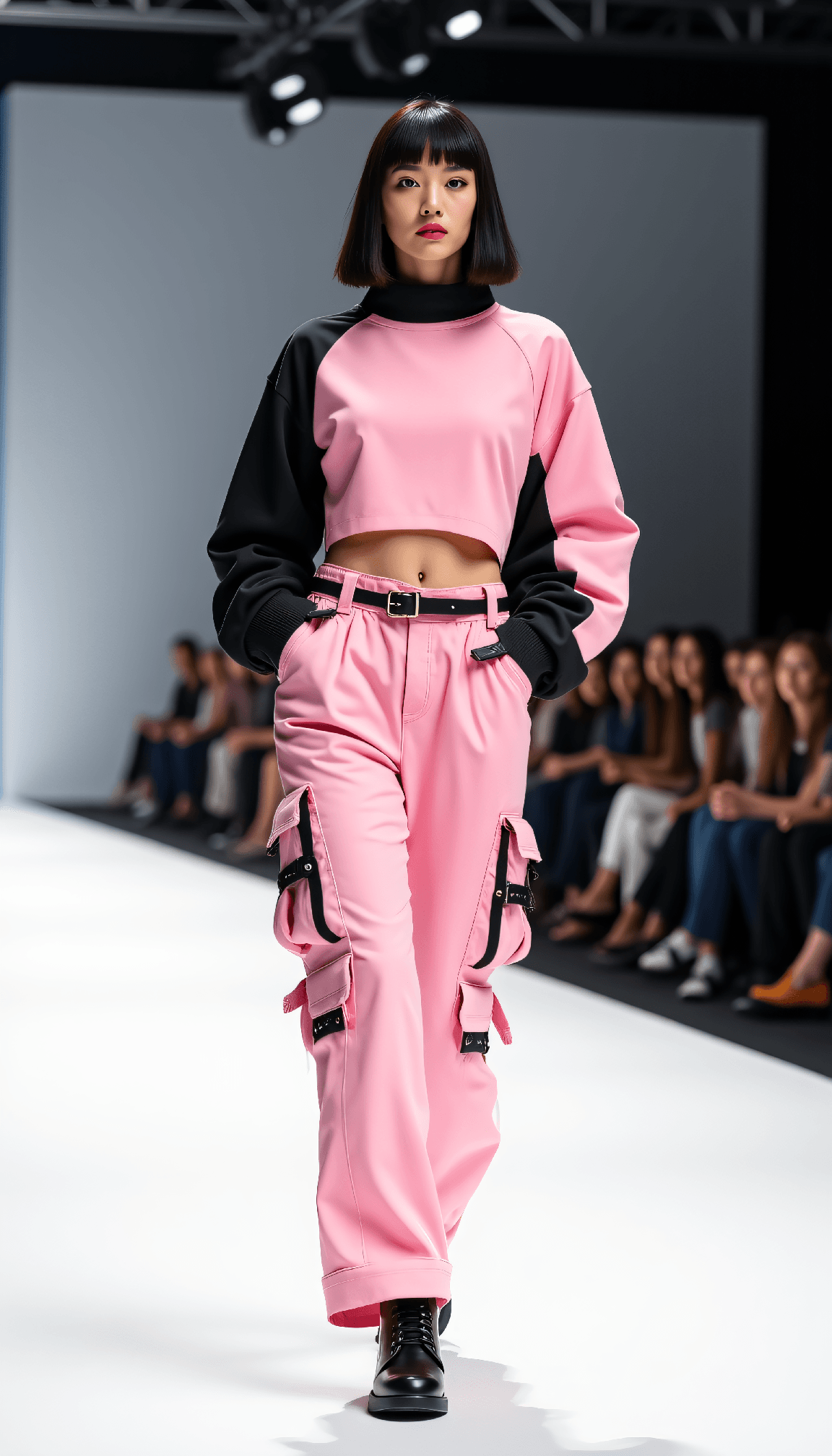 AI generated: A fashion model in an avant-garde streetwear outfit on a minimalist white runway. The outfit feature...