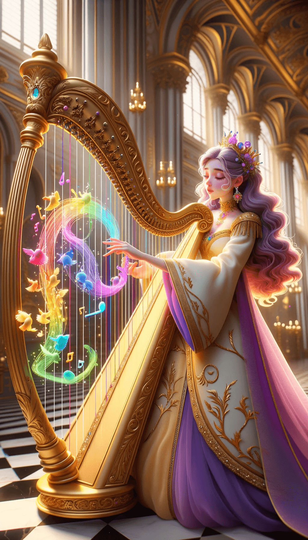 AI generated: 2D Animation of a golden-skinned woman with wavy purple hair, in royal regalia. She's in a grand pal...