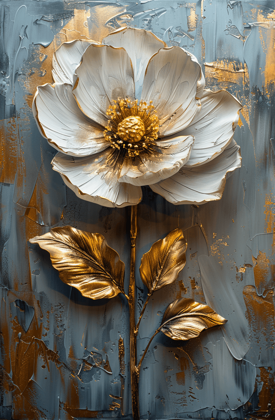 AI generated: white and gold flower painting on a gray background, in the style of graceful sculptures, loose pain...