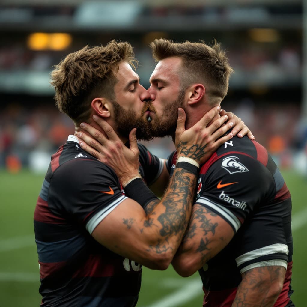 AI generated: two young, 18 years old, rugby men kissing on a rugby field