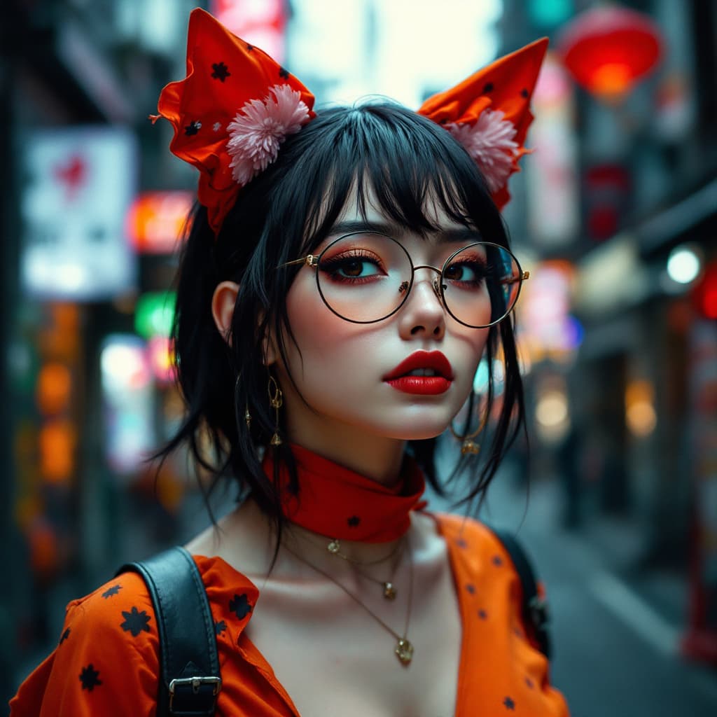 AI generated: Taiwan girl astestic, velma from scooby-doo, a woman wearing eye glasses and an orange top, goth sty...