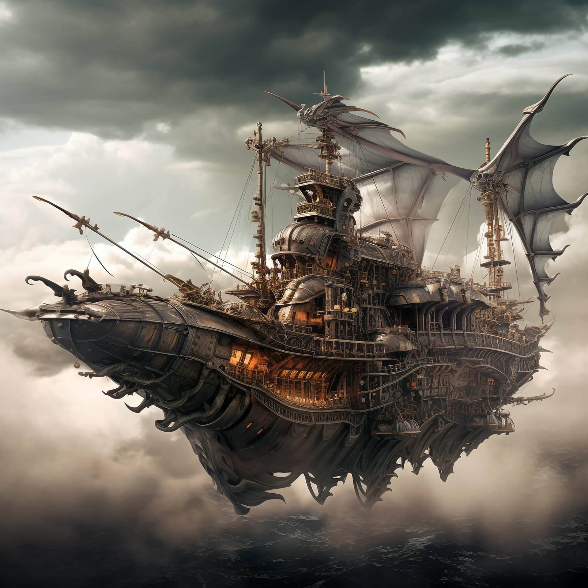 AI generated: an old steampunk ship looking like_a dragon fly, breaking through the clouds