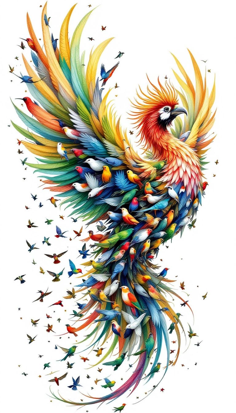 AI generated: A majestic phoenix-like bird with the head of a Hoopoe, composed entirely of 30 various smaller bird...