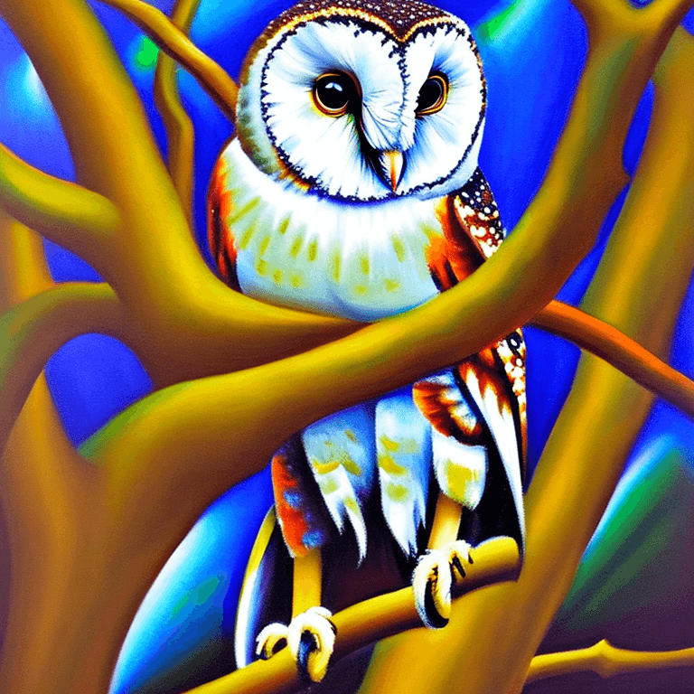 AI generated: Ralistic, ((Masterpiece, best quality)), extremely cute barn owl perching on branch in dream park, i...