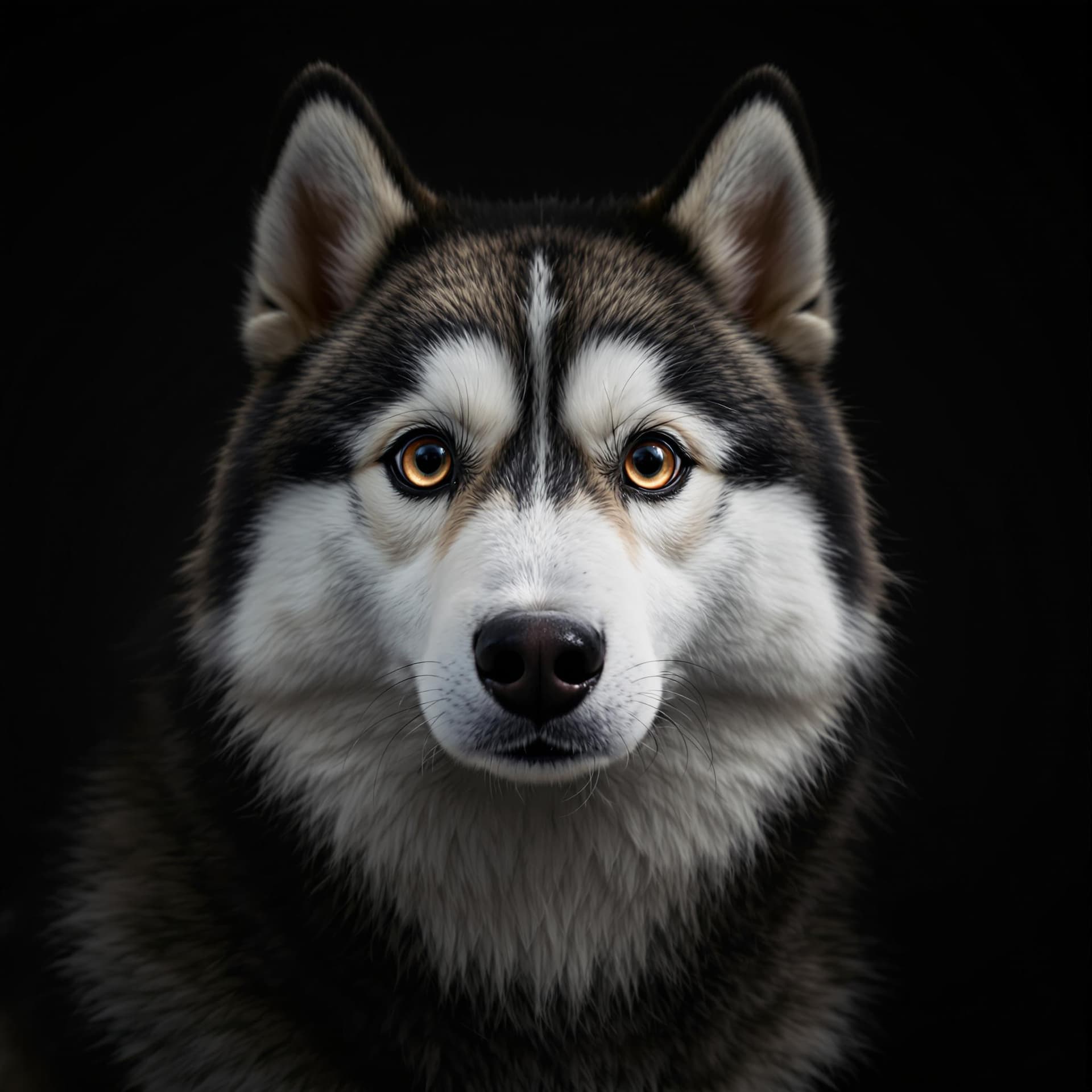 AI generated: 3D Portrait of a A cute and furry Siberian husky, big eyes, Dark Background setting, 8k
