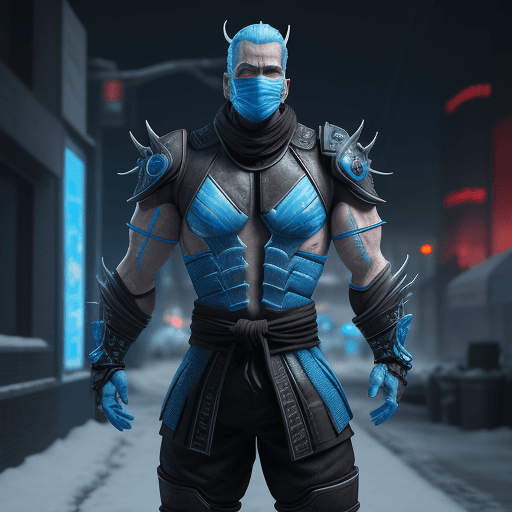 AI generated: Mortal Kombat Frost, cyberpunk, outdoor, street, ice blue, hyperrealism, photorealistic, 8k, unreal ...
