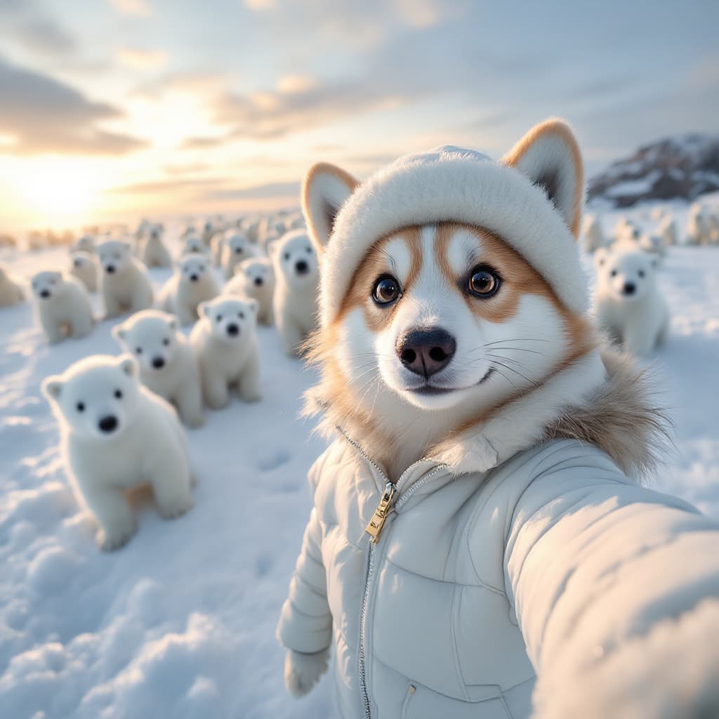 AI generated: anthropomorphic, a corgi named In the snow, there is an ice field with many polar bears standing on ...