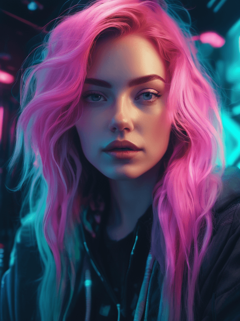 AI generated: close up of a girl with pink hair, sitting in a bright light with a neon lamp, in the style of digit...