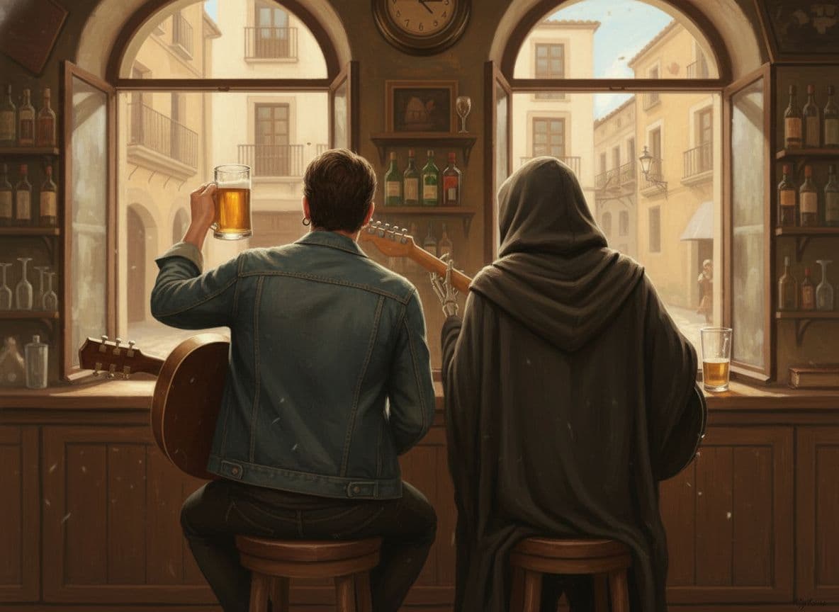 AI generated: the Grim Reaper and a man sitting at the bar, viewed from behind, the man is holding a guitar and a ...
