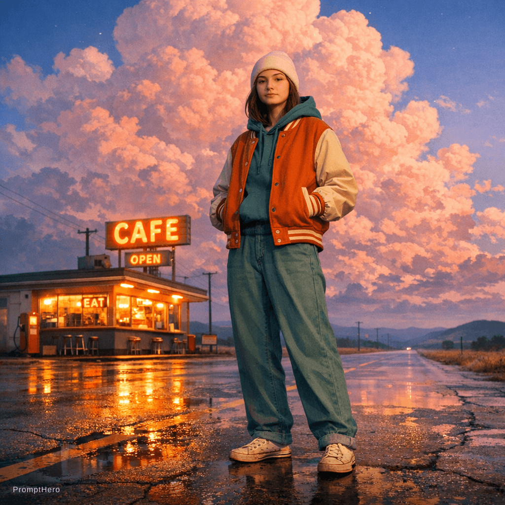 AI generated: illustration art, nostalgic, wide low-angle, small retro roadside Cafe, warm orange and teal color s...