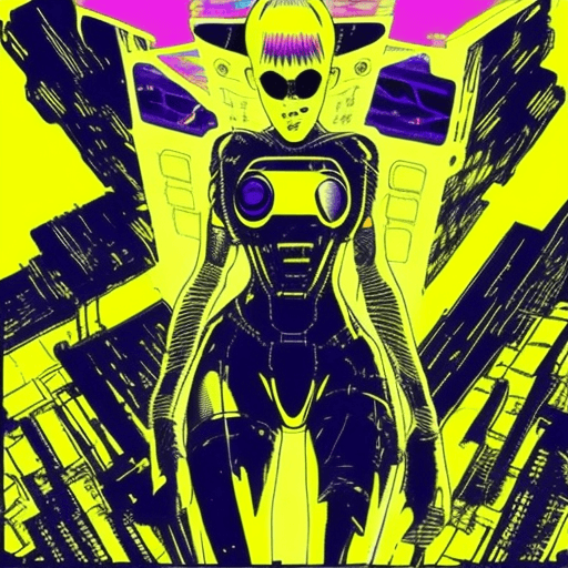 AI generated: early techno rave music inspired by ghost in the shell, 90s manga aesthetic, expressive face, yellow...