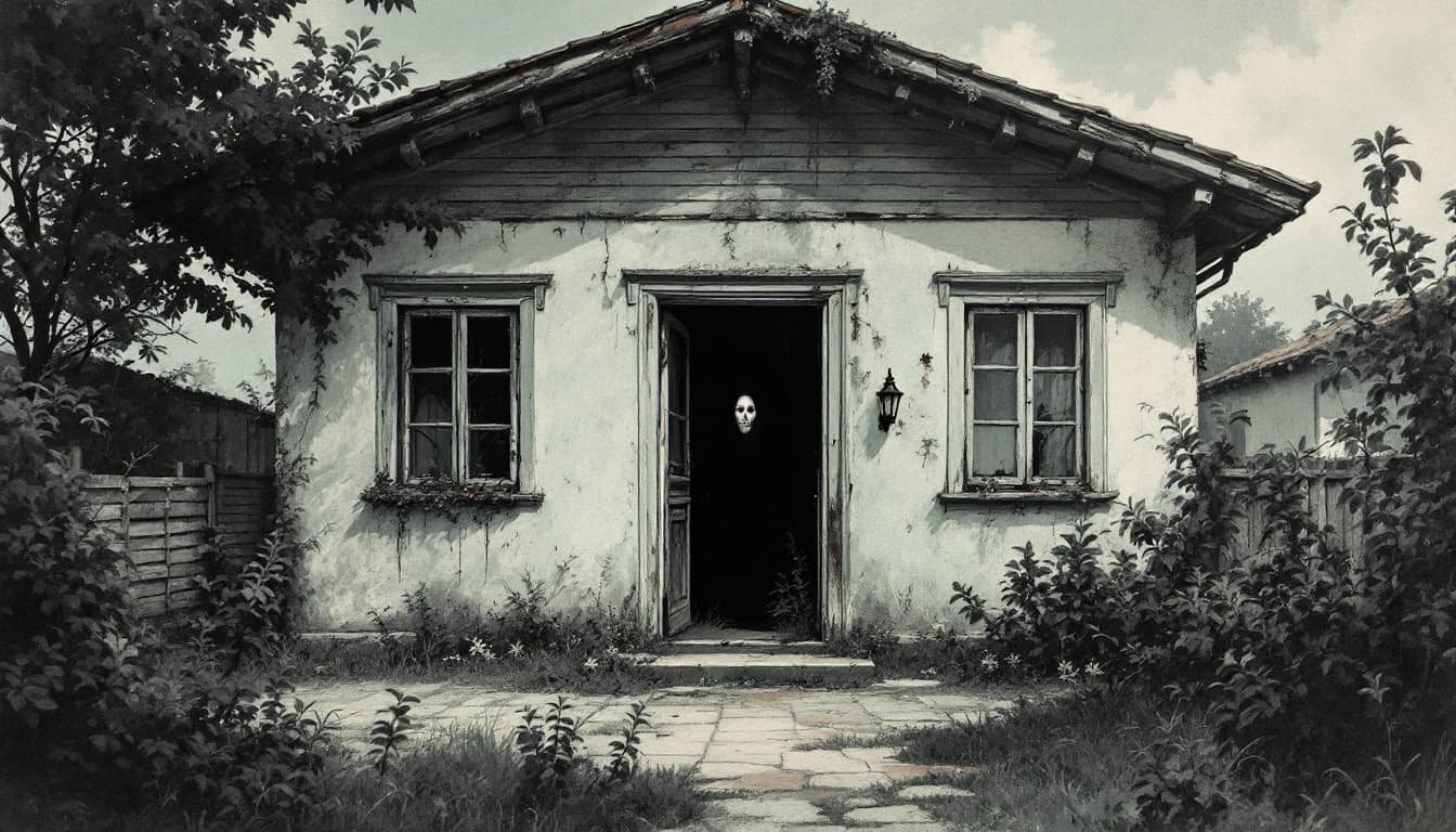 AI generated: Exactamente esa, pero agrega una puerta de madera al centro de la casa. Una casa que parece abandona...