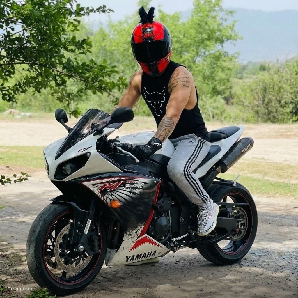 AI generated: Add me on this uploaded bike and make visor of the helmet black