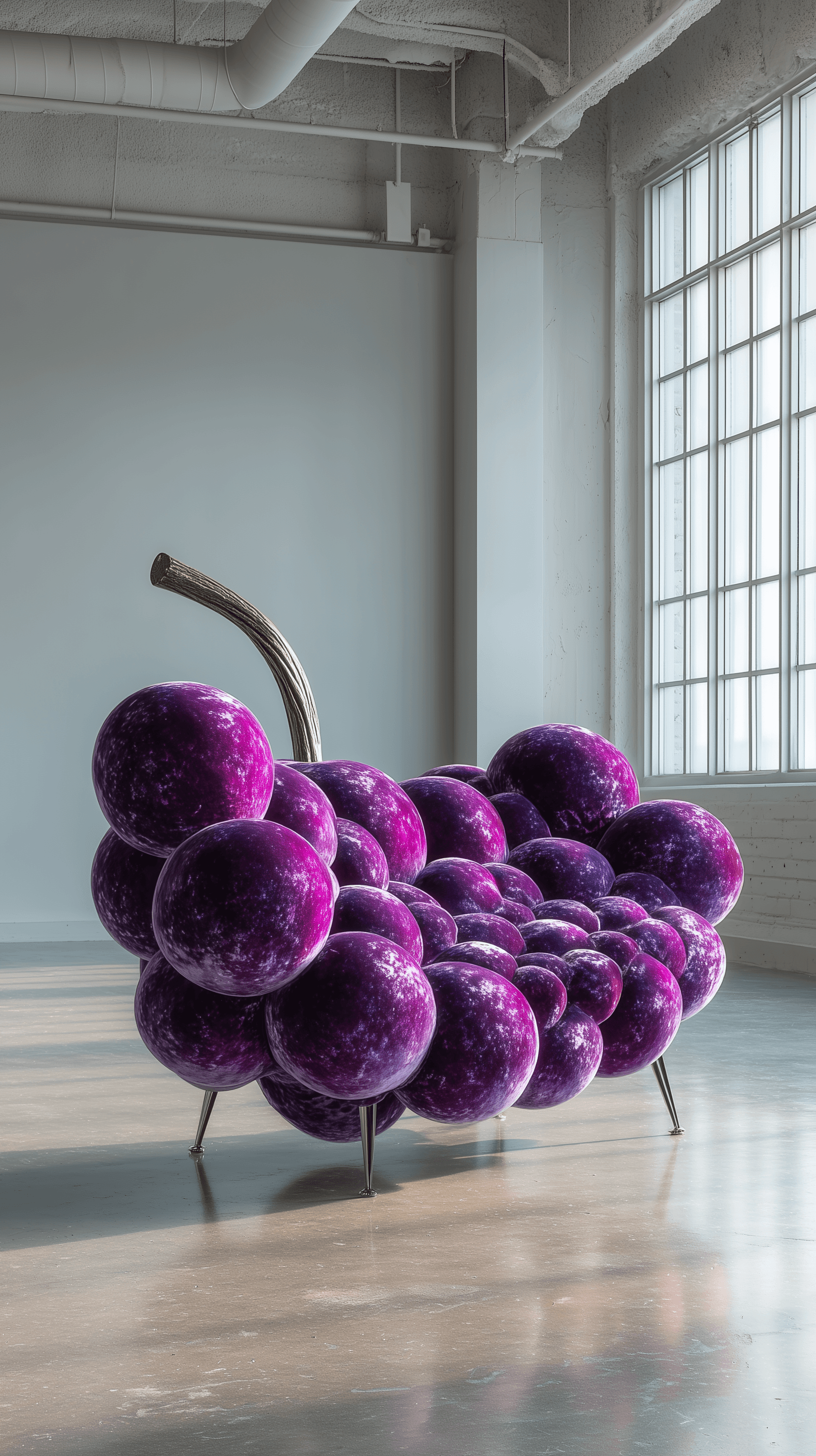 AI generated: photorealistic, furniture design, grape cluster form, ergonomic seating, vibrant violet velvet, Phas...