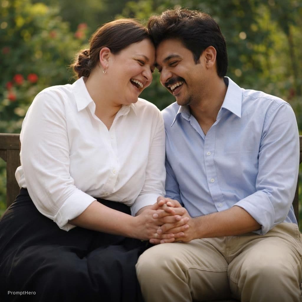 AI generated: romentic couple seated on bench in garden 
Holding each other’s hands and laughing together pose”