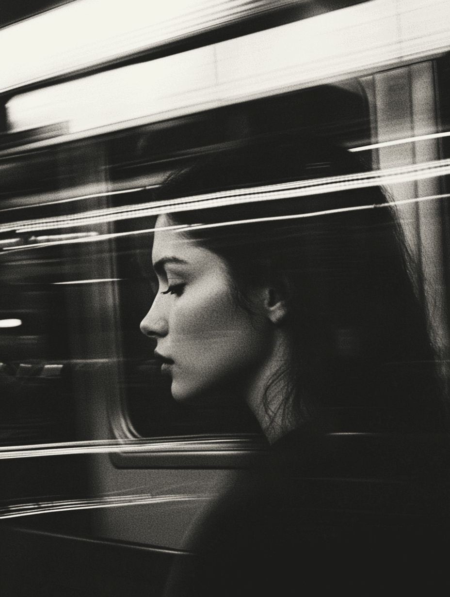 AI generated: A woman stands on the subway, captured in motion blur with her reflection visible in an abstract mir...