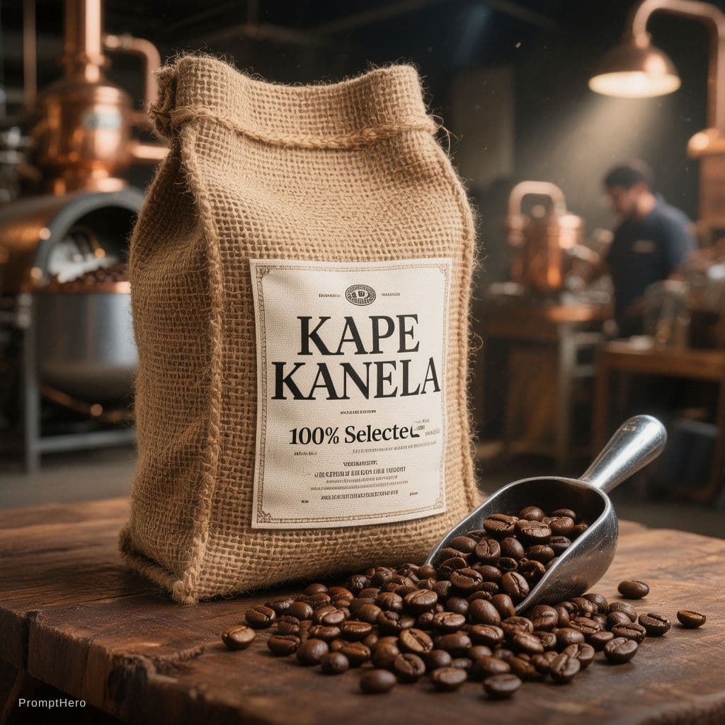 AI generated: Subject: A high-end commercial product shot of a premium, artisanal burlap sack containing specialty...