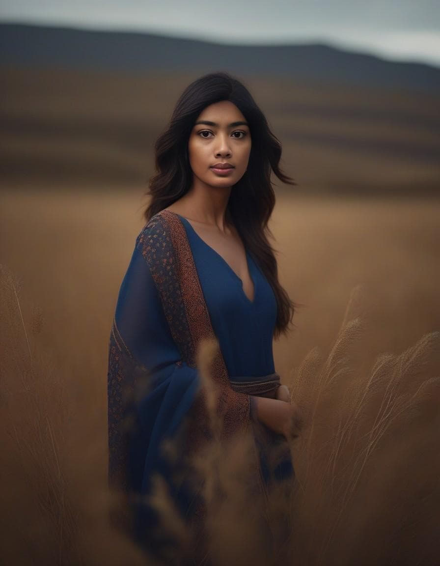 AI generated: the woman in the field is dressed for the camera, in the style of daria endresen, kris knight, scott...