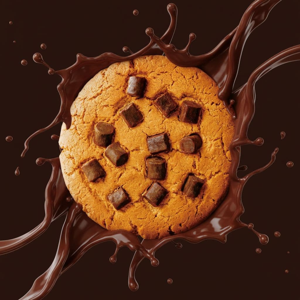 AI generated: chocolate chip cookie is centered in a close-up image, surrounded by splashes and streams of melted ...