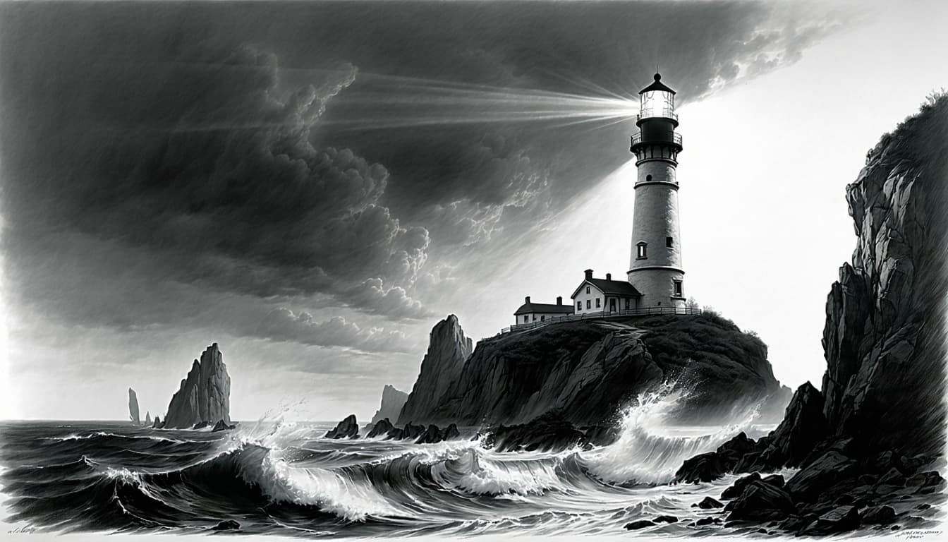 AI generated: A hyperdetailed charcoal drawing of a lone lighthouse standing on a rocky promontory, battered by cr...