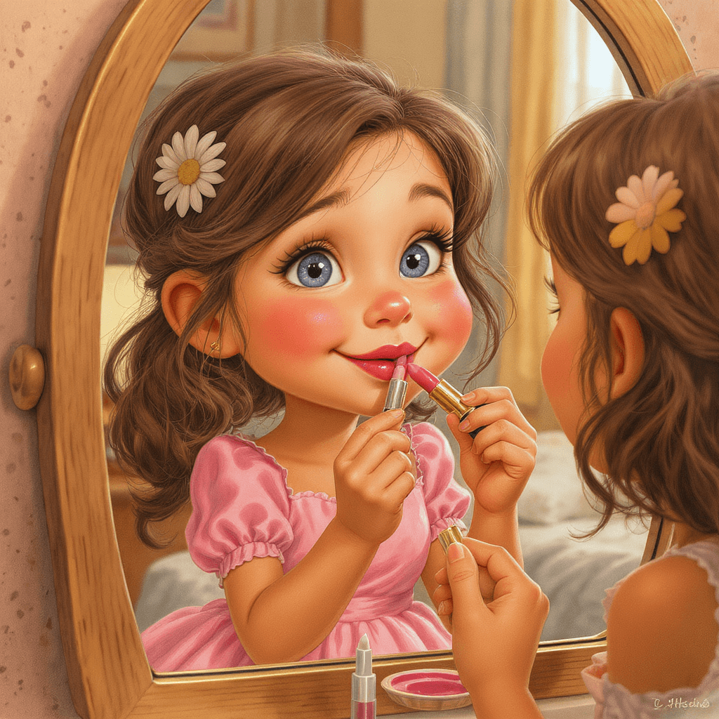 AI generated: Caricature.  whimsical, little lady, playing with moms lipstick, looking in the mirror while putting...