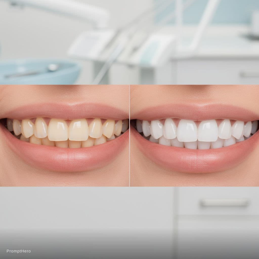 AI generated: High-quality split-screen dental photography, before and after teeth whitening treatment, realistic ...
