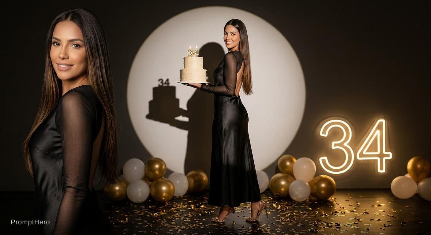 AI generated: Ultra realistic luxury birthday photoshoot of a woman celebrating her 34th birthday, high-end studio...