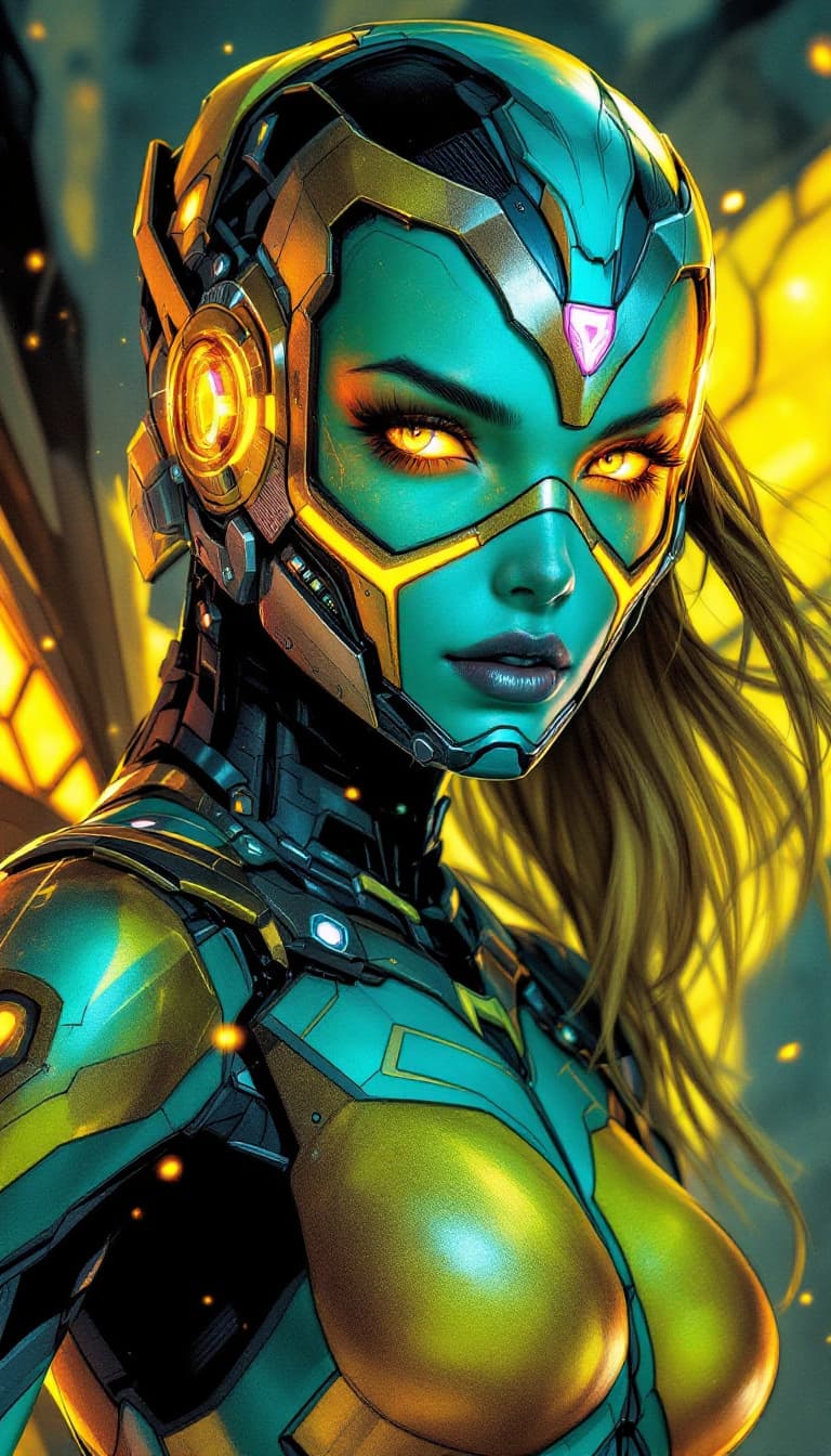 AI generated: A cybernetic female heroine with a vibrant, turquoise face, a captivating fusion of Bumblebee, Vixen...