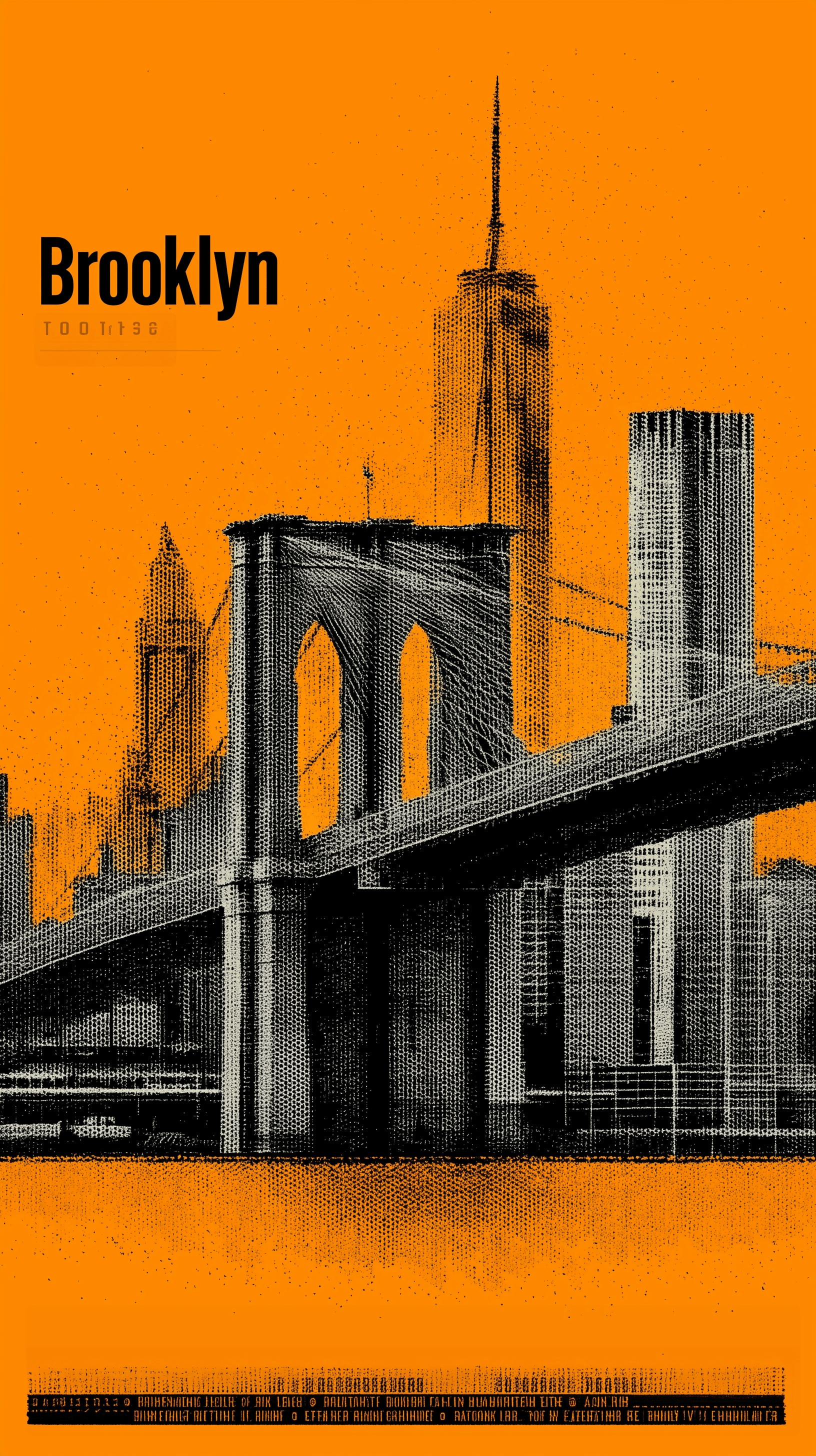 AI generated: duotone screenprint poster, new york skyline, brooklyn bridge, neonorange & charcoal gray, lettering...