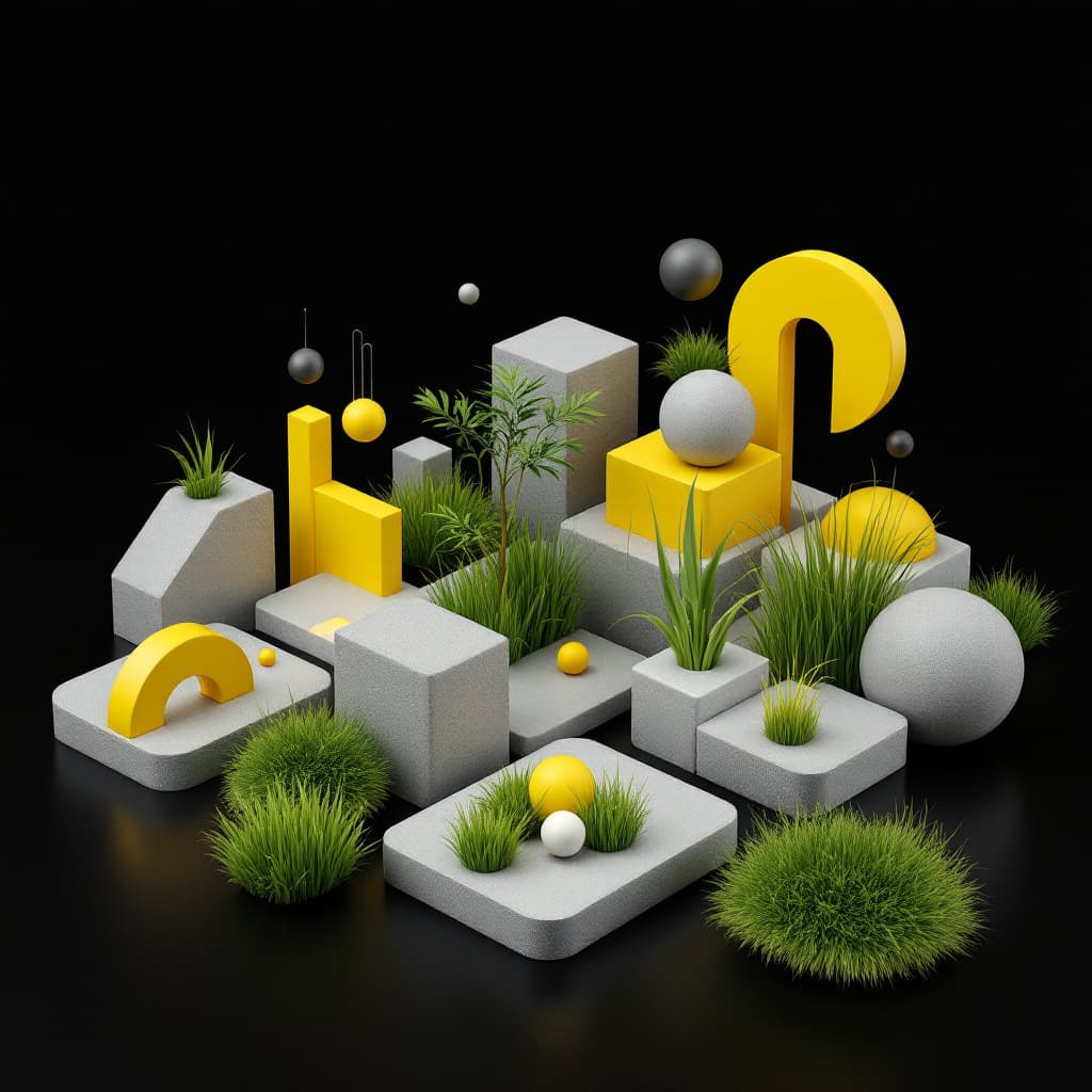 AI generated: 3D geometric shapes, grassy greens and bright yellows, extreme greys, various smooth textures, trans...