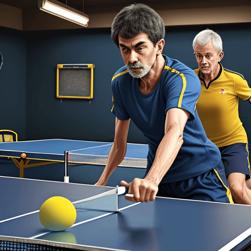 AI generated: TABLE TENNIS PLAYERS OVER FIFTY IN YELLOW T-SHIRTS WITH NAVY BLUE SLEEVES ON BOTH ARMS PRACTICING TA...