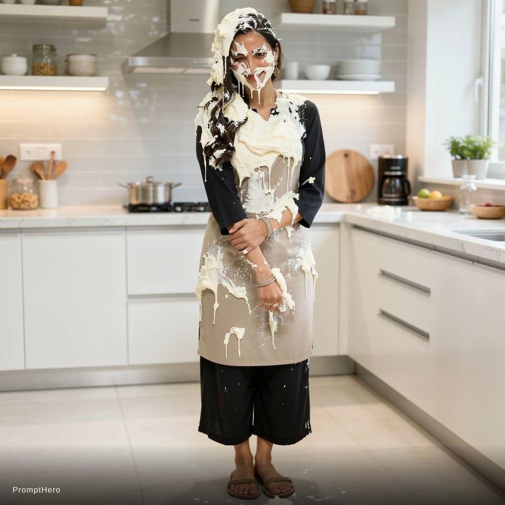AI generated: She is being recorded from the front. The camera follows her from the front as she walks, like an am...