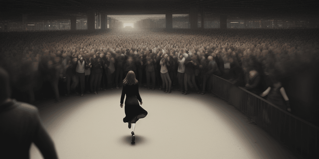 AI generated: A woman walking quickly, breaking through the crowd , panoramic