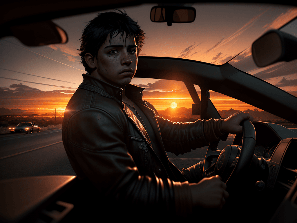 AI generated: Photo latin boy, dramatic light, driving sunrise, cinematic lighting, battered, low angle, trending ...