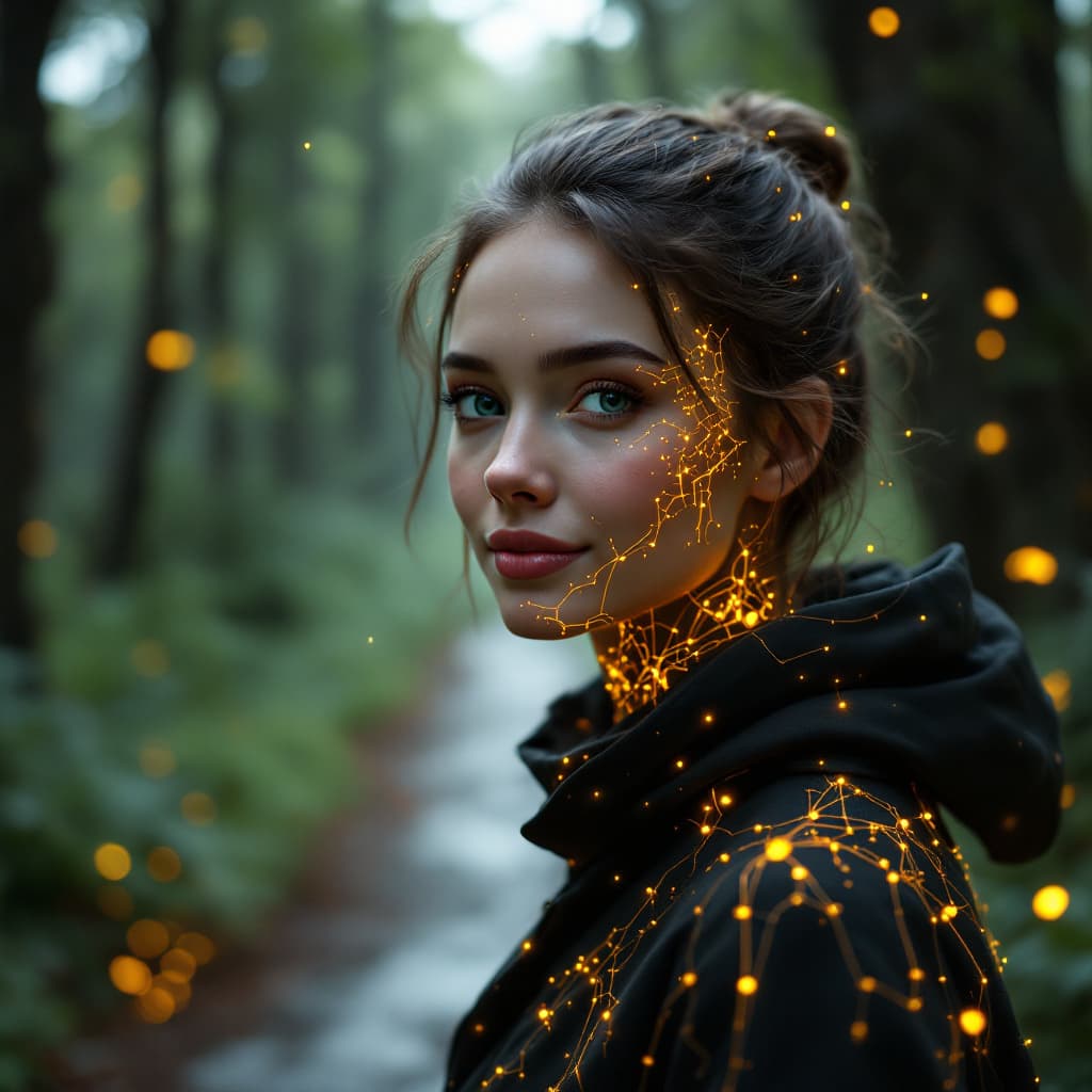 AI generated: A hyperrealistic white woman walks toward us, facing the camera, along a very realistic forest trail...