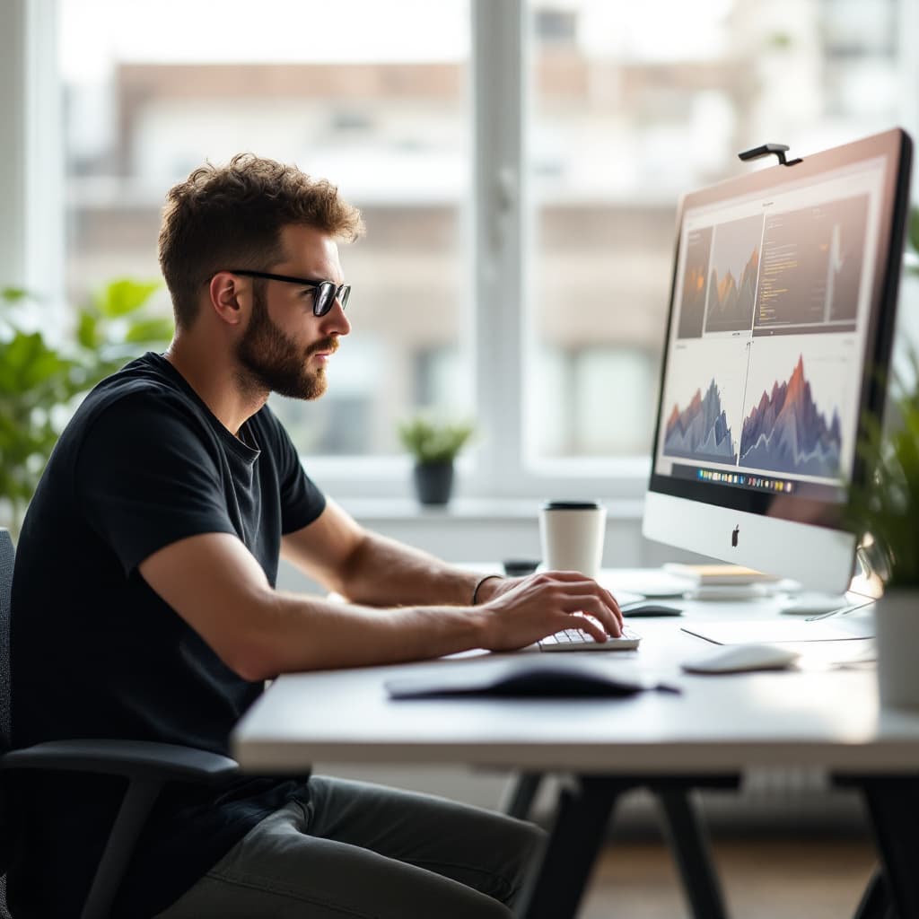 AI generated: minimalist workspace, focused design engineer at a white desk, high resolution photograph, used came...