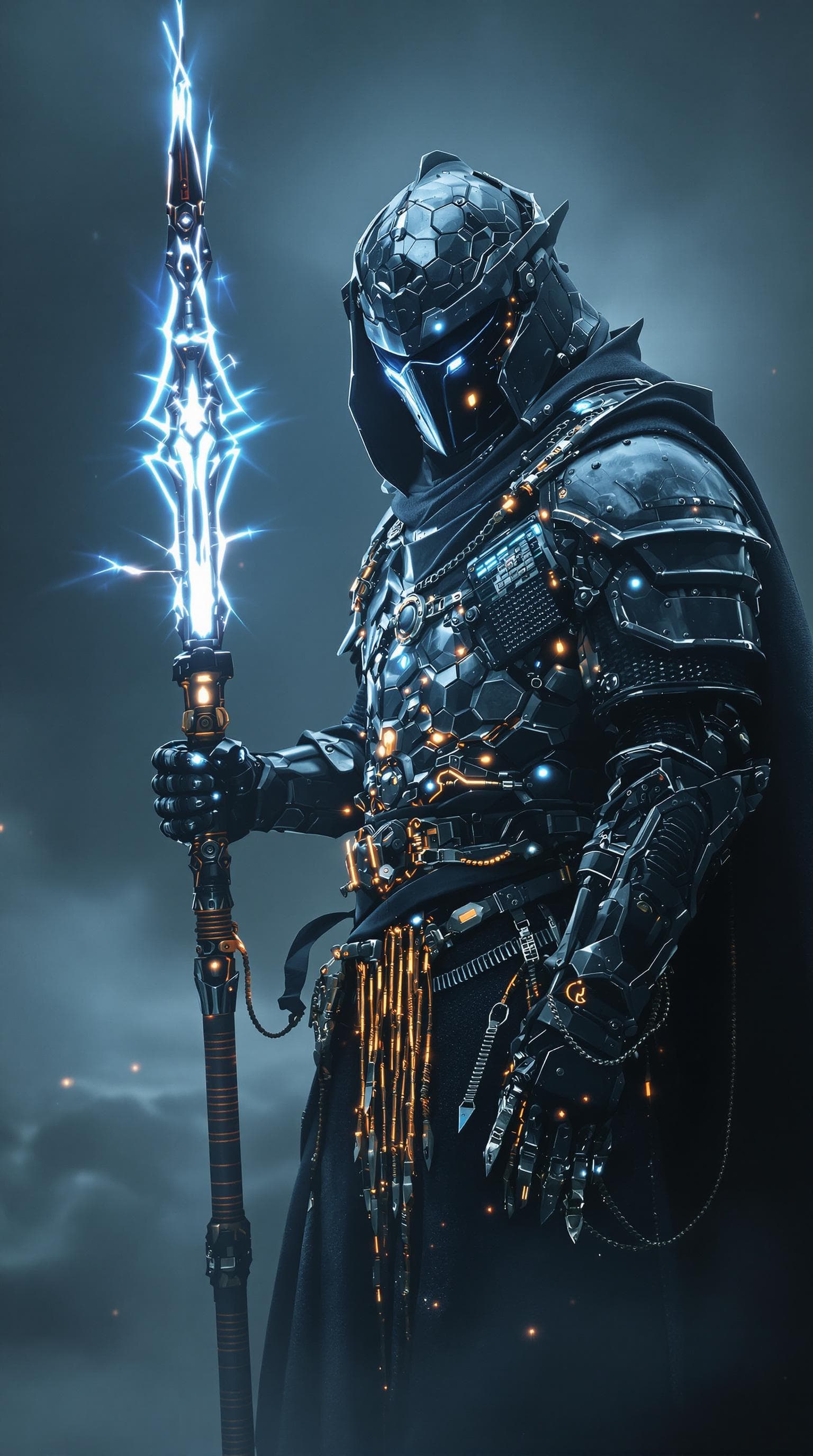 AI generated: medieval knight cybernetic image with cool robes and glowing weapon, sci-fi, photorealistic, cinemat...